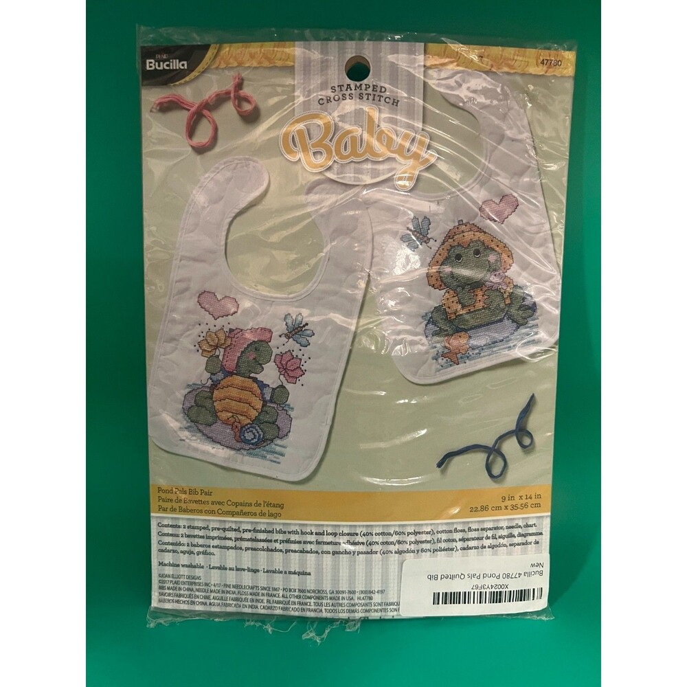 Bucilla Pond Pals stamped cross stitch bibs